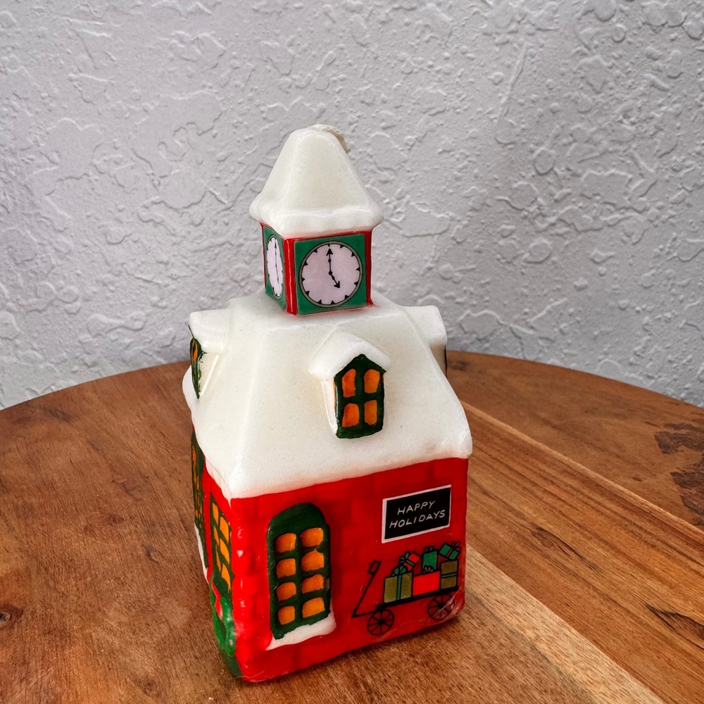 Vintage 1982 Jasco Christmasville Schoolhouse Clock Tower Wax Candle Figure